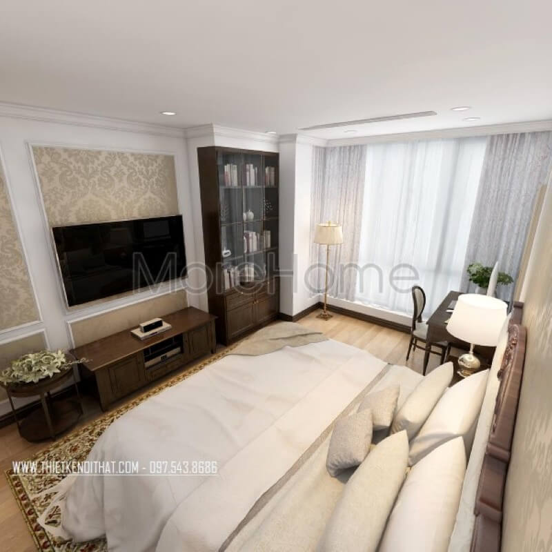 Lấy tone màu trắng tinh khôi đóng vai trò chủ đạo, nội thất phòng ngủ chung cư trở nên vô cùng sang trọng và nhẹ nhàng hơn Nội thất chung cư tân cổ điển đẹp