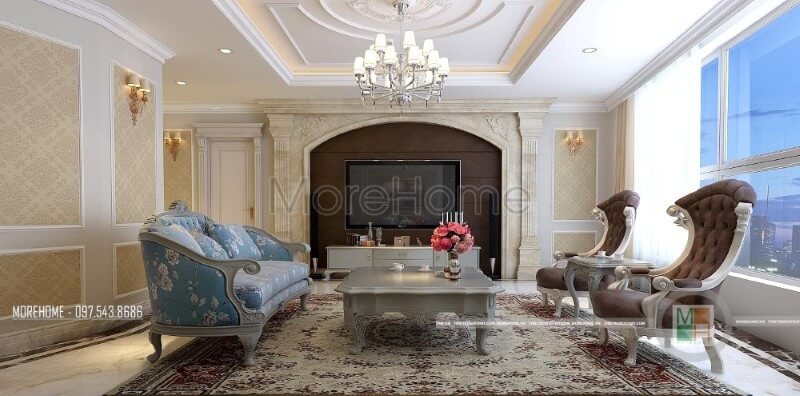 Thiết kế nội thất phòng khách chung cư phong cách tân cổ điển với tone màu sáng mang lại cho chúng ta cảm giác cơi nới về không gian và tạo độ thoáng cho căn phòng Nội thất chung cư tân cổ điển đẹp