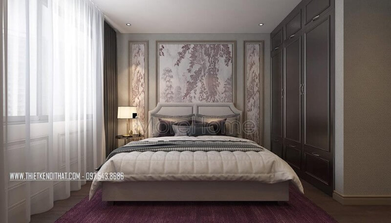 Thiết kế phòng ngủ con khá đơn giản với mẫu giường gỗ công nghiệp, mảng tường đầu giường được dán giấy dán tường hoa màu tím nhạt tạo sự hài hòa, và nhẹ nhàng Nội thất chung cư tân cổ điển đẹp