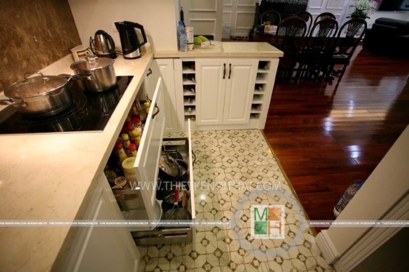 Thi công tủ bếp gỗ laminate theo hơi hướng tân cổ điển cho chung cư Mandarin Garden Hòa Phát Tủ bếp gỗ công nghiệp