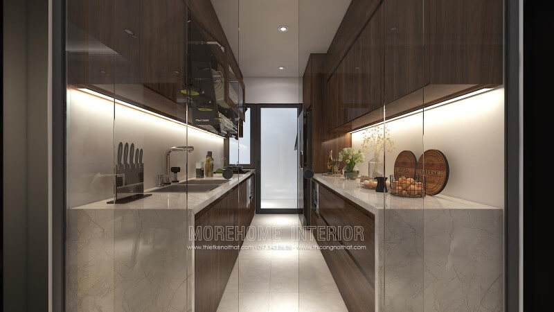 Tủ bếp gỗ An Cường kiểu dáng chữ i nhỏ gọn được đặt song song với nhau phù hợp với không gian nhà bếp nhỏ cũng như tạo thuận tiện hơn cho người nấu nướng di chuyển Tủ bếp gỗ công nghiệp