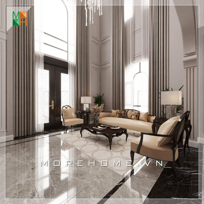 Với một không gian phòng khách nguy nga và rộng rãi thì mẫu bàn óc chó ghế sofa bọc da chân gỗ tự nhiên cao cấp là sự lựa chọn phù hợp nhất khiến căn phòng khách trở nên sang trọng và đẳng cấp hơn bao giờ hết. Mẫu nội thất chung cư tân cổ điển