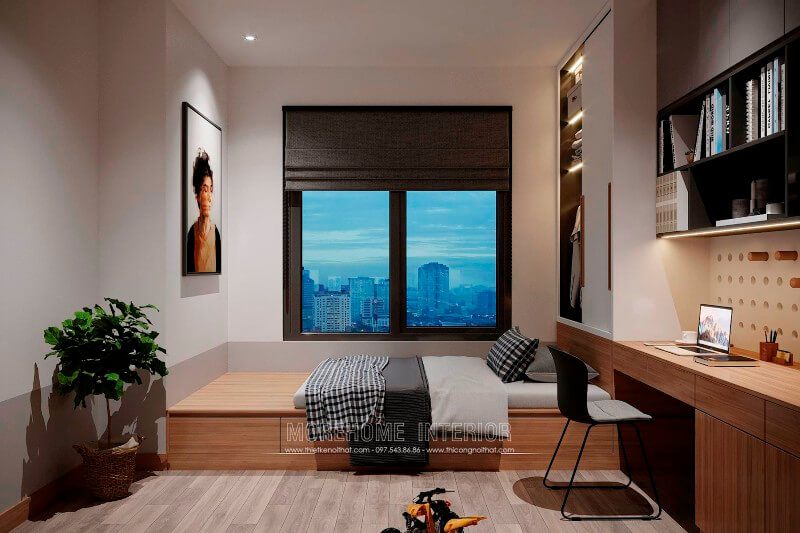 Giường hộp gỗ công nghiệp với màu nâu xám kết hợp với sàn gỗ và vách tường tạo nên một không gian ấm áp và lãng mạn cho phòng ngủ cùng với ngăn kéo để lưu trữ.